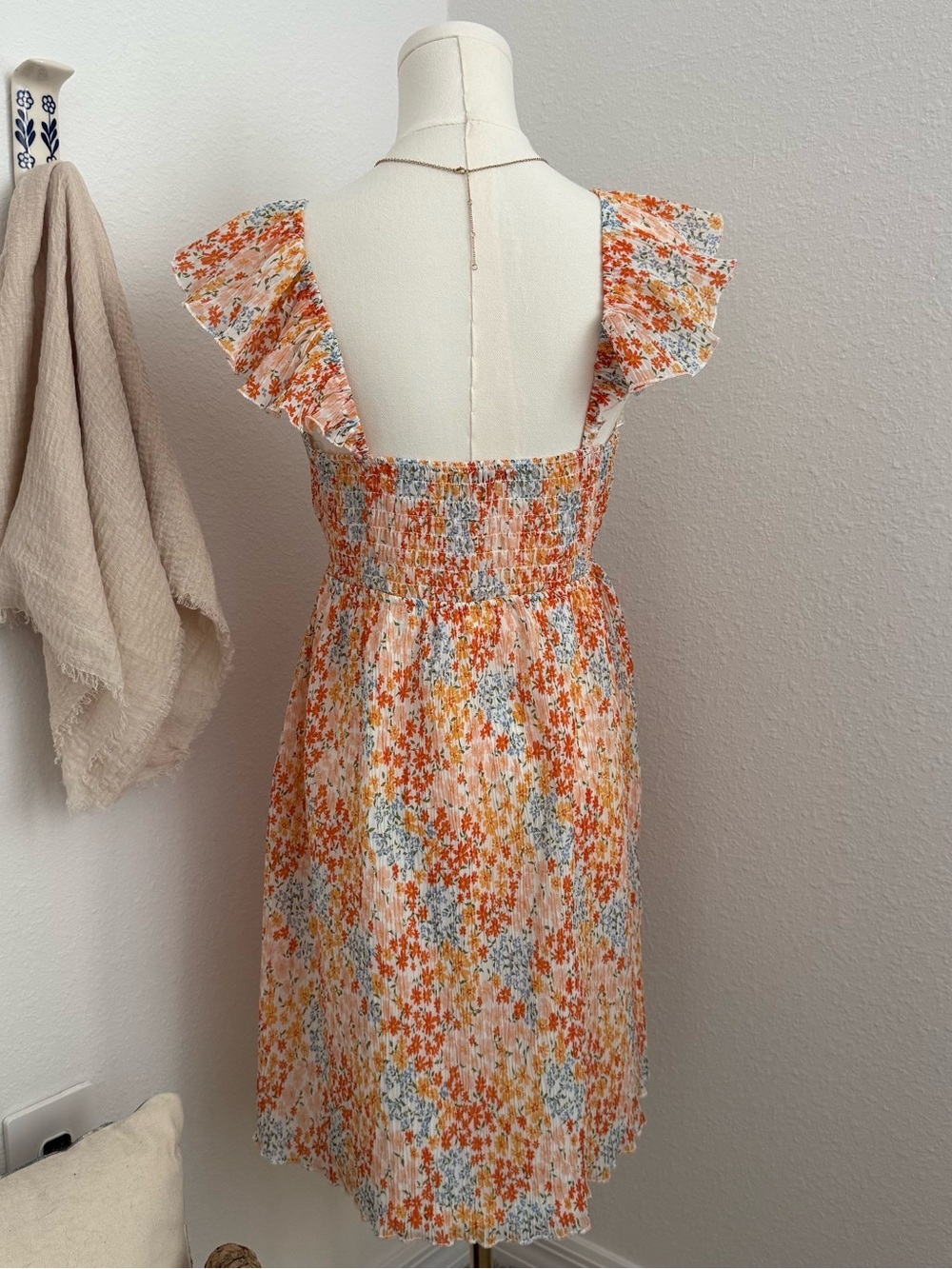 Hesperus Floral Pleated Midi Dress Orange Blue Cottagecore Ruffle Large - Picture 3 of 6